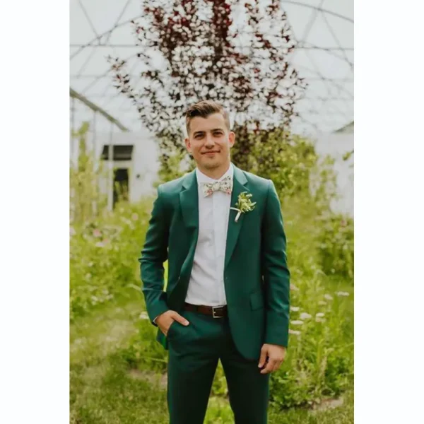 Green Slim Fit Full Set of Stylish Wedding Men's Suits Two-piece, premium, notch-lapel, single-breasted blazer pants set for men - Image 2