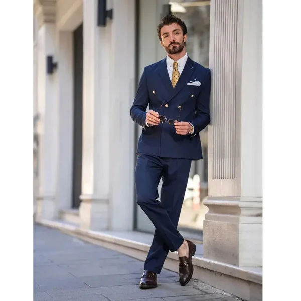 Double-breasted, navy-blue, peak-lapel, regular-length, British-style two-piece jacket and pants outfits for men - Image 3