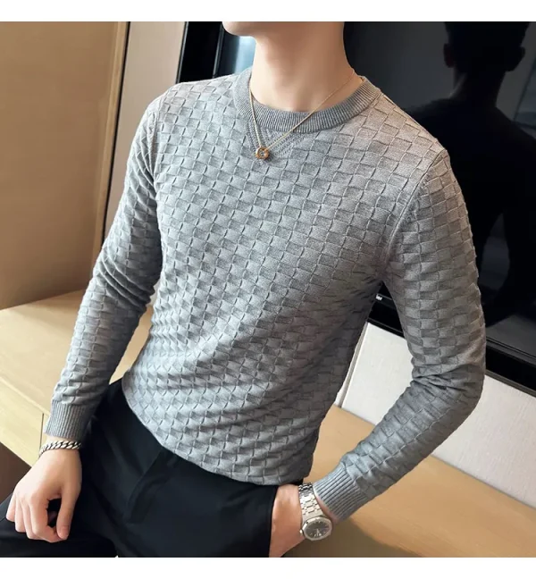 Warm and Stretchy Men's O-Neck Sweater with Jacquard Plaid Pullover Knit, Daily Slim Fit Base Shirt - Image 11