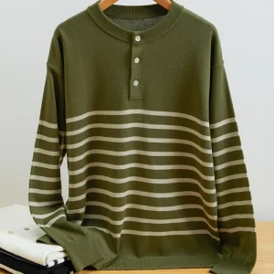 Stylish Men's O-neck Knitted Sweater, Casual Top with Stripes, 46% Cotton, Pullover for Spring and Fall.