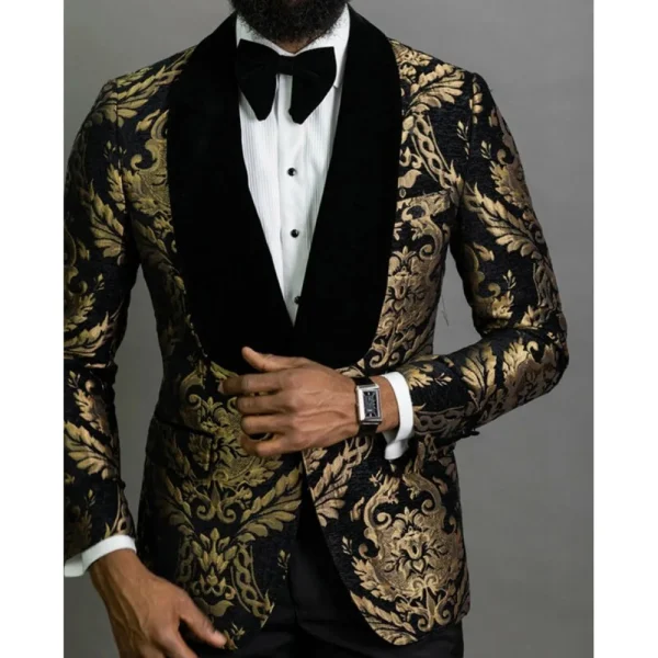 Men's Black Shawl Lapel Single-Breastered Blazer Formal Prom Party Jacket, One-Piece Elegant Outfit in Luxurious Jacquard Fabric - Image 2