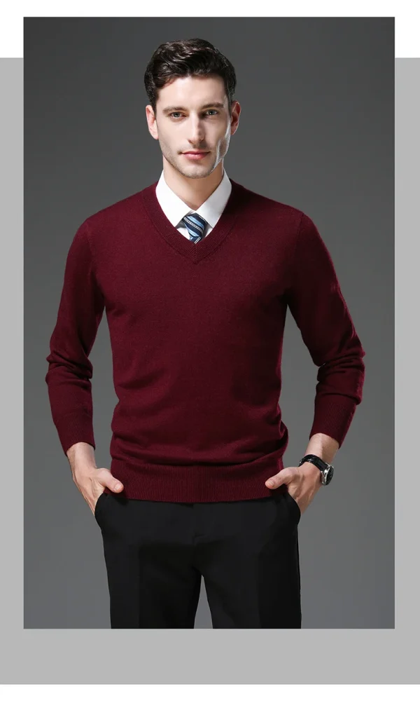 Warm Men's V-neck Solid Color Sweater, New Stretch Top for Autumn and Winter, Pullover Knitwear for Daily Leisure, Business - Image 9