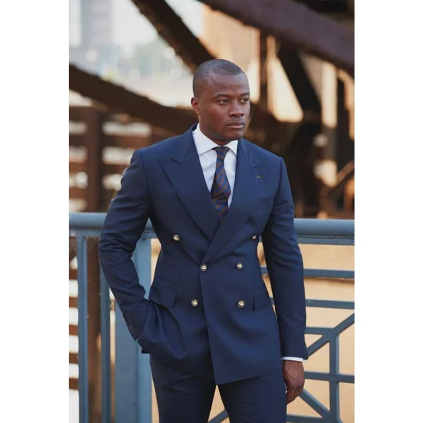 2024 High-End Navy Blue Peak Lapel Flat Front Two-Piece Jacket Sets, Blazer Office Outwear Costumes, and Formal Men's Suits - Image 2