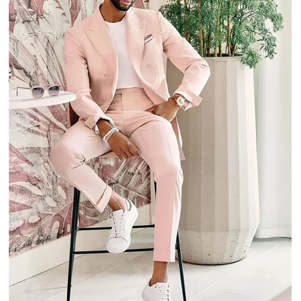 Sophisticated Groomsmen Men's Suits Double Breasted Peak Lapel Flat Front High End Two Piece Jacket Pants in Solid Pink - Image 2