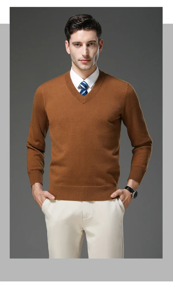 Warm Men's V-neck Solid Color Sweater, New Stretch Top for Autumn and Winter, Pullover Knitwear for Daily Leisure, Business - Image 7