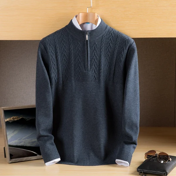 Warm, long-sleeved, solid-colored, half-zip men's pullover sweater with a half-high collar for fall and winter. - Image 20