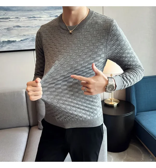 Warm and Stretchy Men's O-Neck Sweater with Jacquard Plaid Pullover Knit, Daily Slim Fit Base Shirt - Image 10