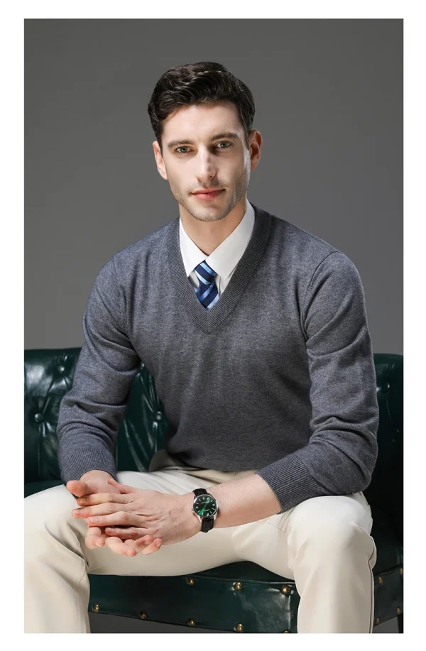 Warm Men's V-neck Solid Color Sweater, New Stretch Top for Autumn and Winter, Pullover Knitwear for Daily Leisure, Business - Image 12