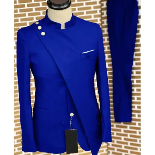 Men's Blue Formal Suits Outerwear Single Breasted Stand Lapel Slim Fit Full Set Blazer African Formal Two-Piece Jacket and Pants - Image 2