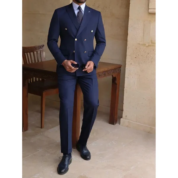 Professional Double-breasted Men's Navy Blue Suit with Peak Lapel Regular Length Flat Front Office Male Apparel Stylish Two-Piece Jacket Pants - Image 3