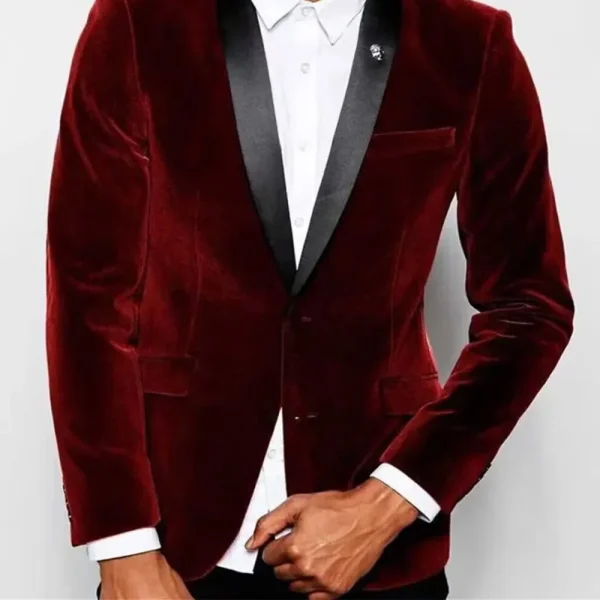 Elegant Men's Single-Breastered Black Shawl Lapel Slim-Fit Blazer Formal Wedding Groom One-Piece Jacket Set in Burgundy Velvet - Image 4