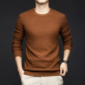 Men's New Round-Necked Long-Sleeved Textured Pullover, Slim-Fitting, Business Casual Top for Fall and Winter