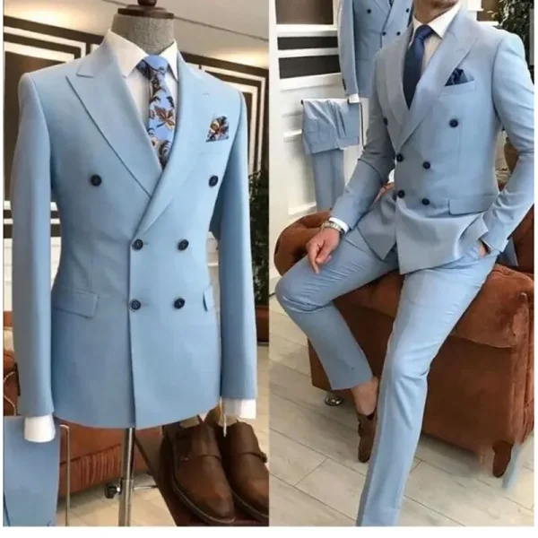 Men's double-breasted suits with a peak lapel, sky blue flat front, regular length, two-piece jacket, and pants set for prom parties - Image 2