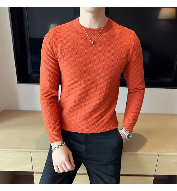 Warm and Stretchy Men's O-Neck Sweater with Jacquard Plaid Pullover Knit, Daily Slim Fit Base Shirt - Image 9