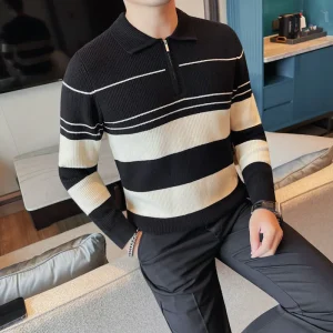 Classic Casual Striped Pullover Daily Knit Sweater with Turn-down Collar and Half Zipper for Autumn and Winter