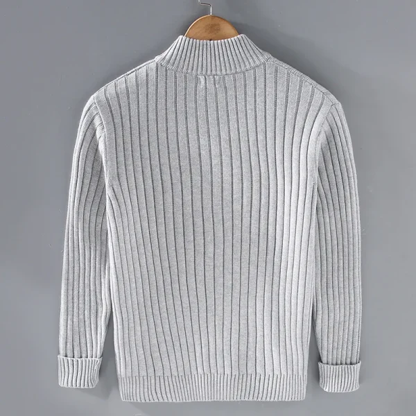 Men's Stretchy Daily Striped Sweater with Solid Color Stand Collar Zip-up Cardigan for Fall and Winter.All-cotton - Image 3