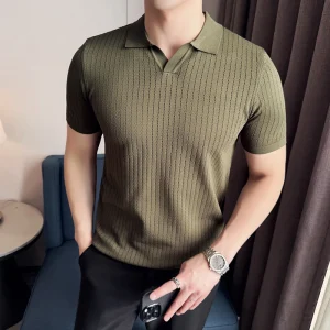 Men's Knitted Short-Sleeved Polo Shirt with V-neck, Lapel, Slim Fit, Fashion Bottoming Shirt, 2025 Spring/Summer