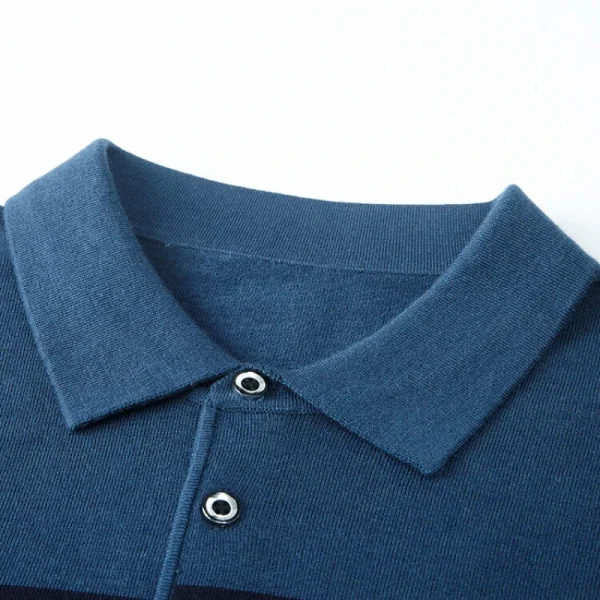 Men's Stretchy Long-Sleeved, Warm, Commuter Polo Shirt with Stripes for Fall and Winter, Slim Fit Base - Image 4