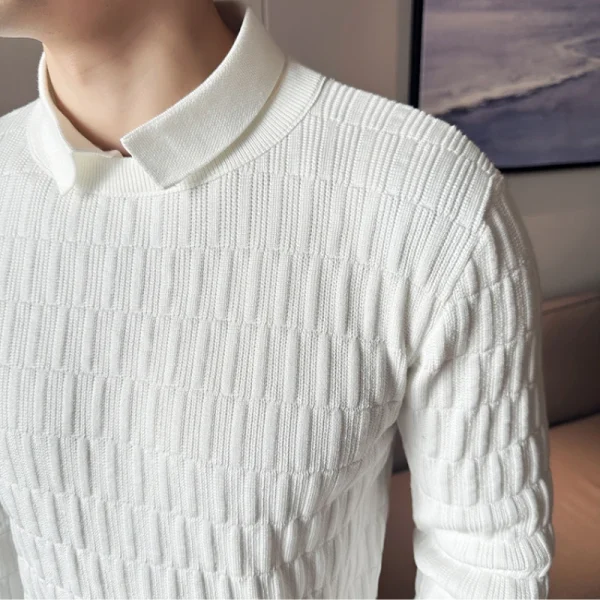 Superior Men's Lapel Solid Color Warm Sweater for Fall and Winter with a Sewn-in Shirt Collar, Made of 70% Cotton - Image 4
