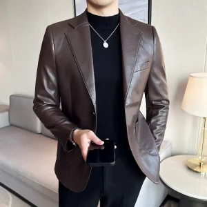 Korean Social Prom Tuxedo 5 Color Premium Men's Casual Leather Jackets Fashion Slim Fit Social Suit Leather Coat