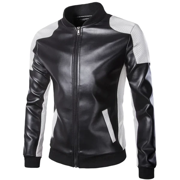 Fashion Racing Clothing PU Leather Jacket 2025 New Men's Stand Collar Coat in Black and White Color Matching Casual Leather Jacket - Image 6