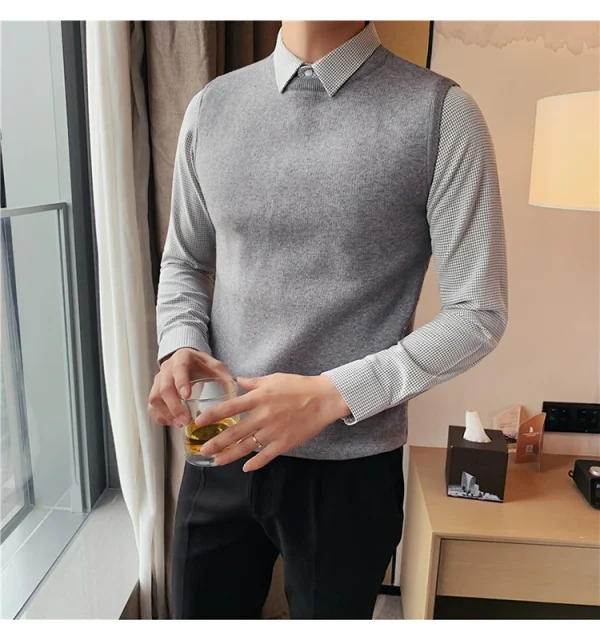 Men's Extra Thick Thermal Sweater Vest with Fleece, Knit Sweater with Woven Shirt Collar, and Plaid Shirt Collar - Image 7