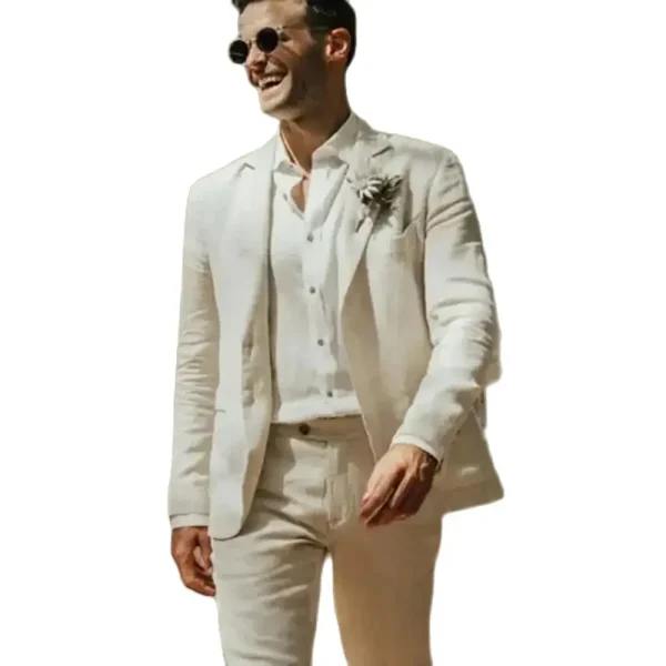 Stylish Men's Suits in Linen Beige with a Single Breasted Notch Lapel Blazer Slim Fit Skinny Two-Piece Jacket and Pants for Special Occasions - Image 4