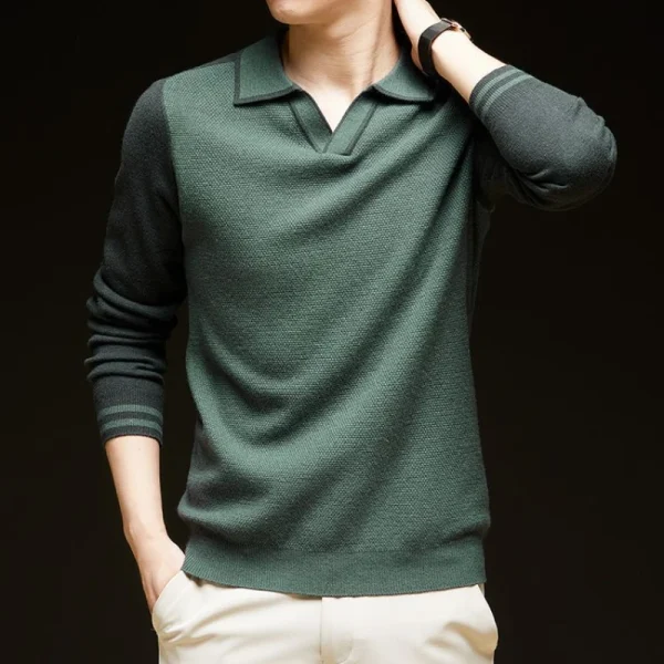Men's Pullover Knit Sweater has a loose fit, casual V-neck, color block, stretch, and warmth for fall and winter. - Image 2