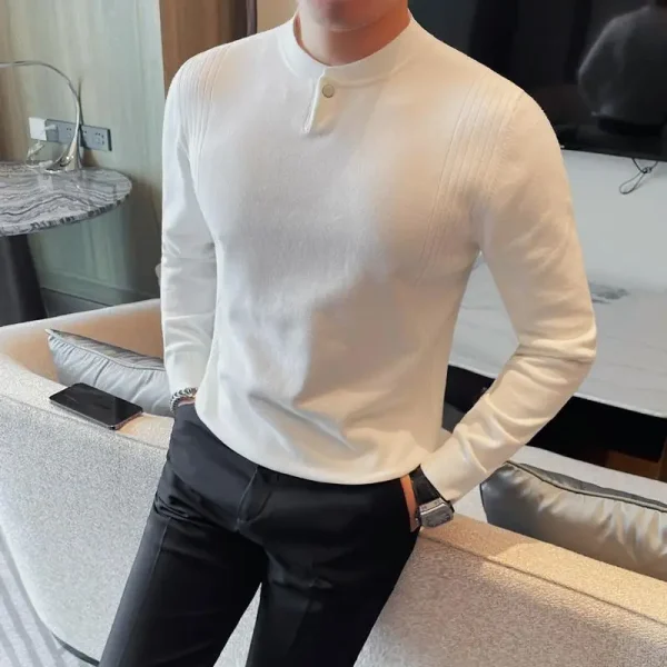 Men's New Slim-Fit Solid Color Matching Long-Sleeved Sweater with White Casual Bottoming Shirt, High Quality - Image 3