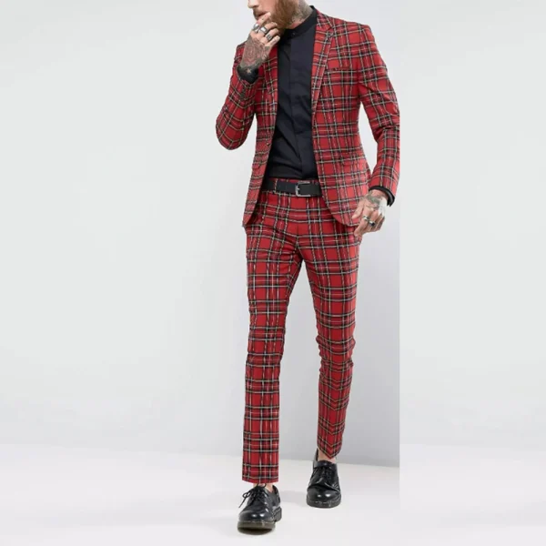 Premium Men's Slim Fit Costume Homme Classic Plaid Two-Piece Jacket, Blazer, Single Breast Notch Lapel - Image 2