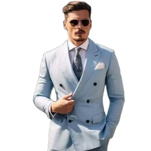 Slim Fit Full Set of Double Breasted Peak Lapel Blue Men's Formal Two-Piece Jacket and Pants for a Stylish Wedding Groomsman Costume