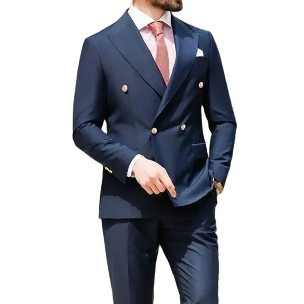 Luxurious Navy Blue Outfit Set for Casual Men's Suits Office Two-Piece Jacket and Pants with Double Breasted Peak Lapel Slim Fit Flat Front Blazer - Image 4