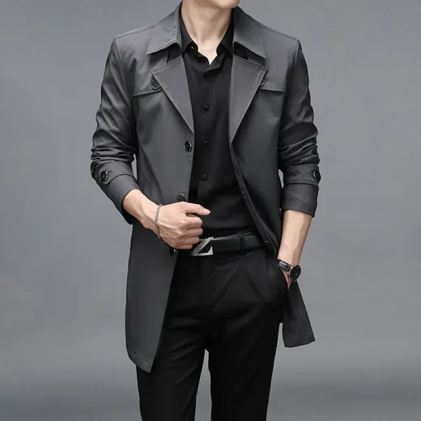 Men's Fashion Turn-down Collar Solid Trench Outerwear Jackets Plus Size Long Trench Coats with Premium Button Windbreakers - Image 4