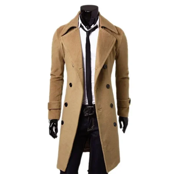 Long Trench Coat by Fashion Brand for Men: Superior Slim Fit, Solid Color, Double-Breasted Jacket - Image 5