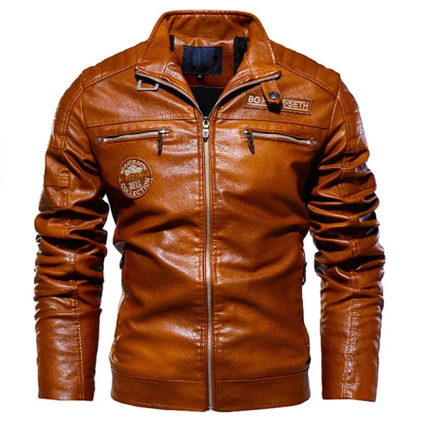 Male Stand Collar Casual Windbreaker Ropa De Hombre Coat Plus Size Leather Jacket Men's Winter Fleece Motorcycle PU Leahter Jacket - Image 4