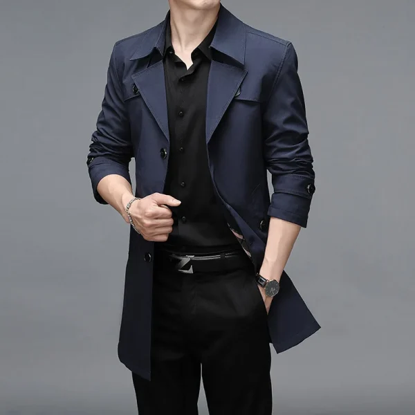 Men's Fashion Turn-down Collar Solid Trench Outerwear Jackets Plus Size Long Trench Coats with Premium Button Windbreakers - Image 5