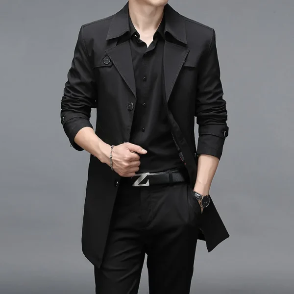 Men's Fashion Turn-down Collar Solid Trench Outerwear Jackets Plus Size Long Trench Coats with Premium Button Windbreakers - Image 6