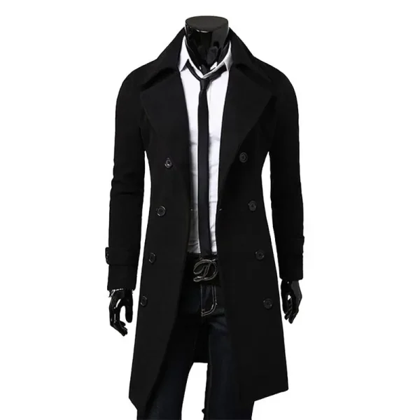 Long Trench Coat by Fashion Brand for Men: Superior Slim Fit, Solid Color, Double-Breasted Jacket