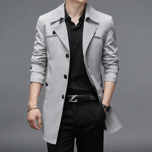 Men's Fashion Turn-down Collar Solid Trench Outerwear Jackets Plus Size Long Trench Coats with Premium Button Windbreakers - Image 2