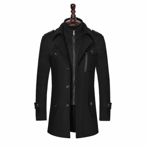 Men's Double Collar Thick Jacket with Single Breasted Trench Coat Made of Warm, Soft Wool Blends