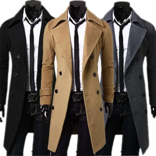 Long Trench Coat by Fashion Brand for Men: Superior Slim Fit, Solid Color, Double-Breasted Jacket - Image 3