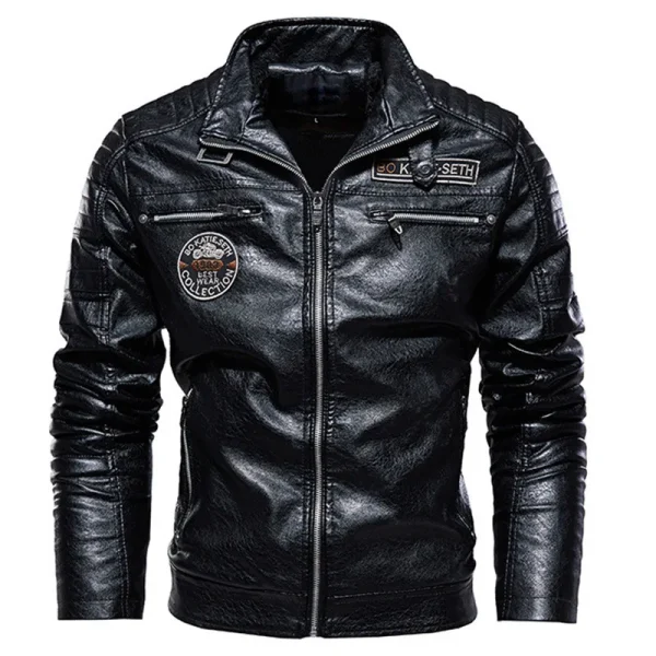 Male Stand Collar Casual Windbreaker Ropa De Hombre Coat Plus Size Leather Jacket Men's Winter Fleece Motorcycle PU Leahter Jacket - Image 3