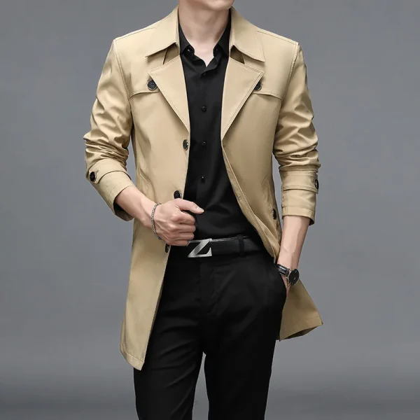 Men's Fashion Turn-down Collar Solid Trench Outerwear Jackets Plus Size Long Trench Coats with Premium Button Windbreakers - Image 3