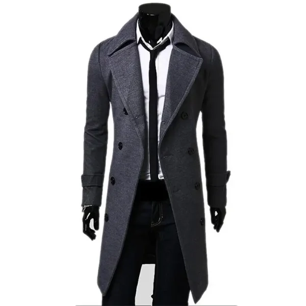 Long Trench Coat by Fashion Brand for Men: Superior Slim Fit, Solid Color, Double-Breasted Jacket - Image 2