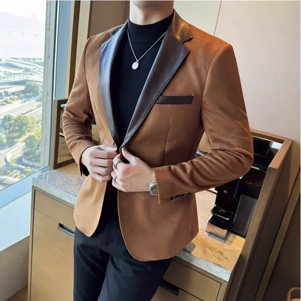 Premium Deerskin Velvet Splicing Leather Collar Suit Blazers Men's Social Wedding Clothes Men's Casual Business Slim Coats - Image 3