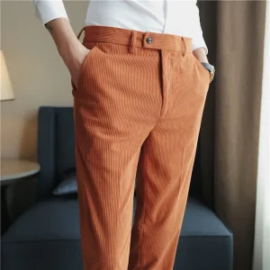 Men's 2025 Slim Fit Vintage Solid Color Trousers with Thick Corduroy for Casual Wear, Business Formal Wear, and Fashion