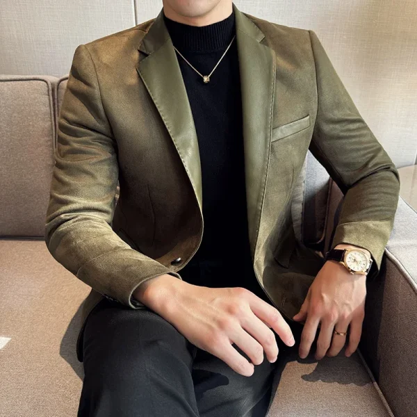 Premium Deerskin Velvet Splicing Leather Collar Suit Blazers Men's Social Wedding Clothes Men's Casual Business Slim Coats - Image 5