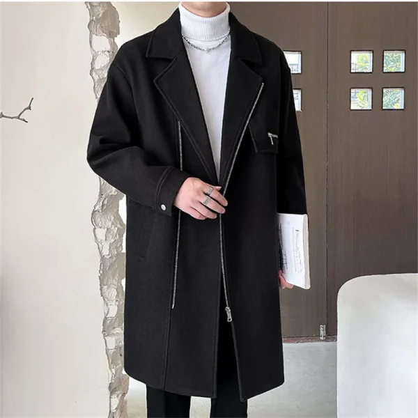 Men's Korean-style casual trench jacket with a zipper, turn-down collar, and solid outerwear for fall and winter - Image 2