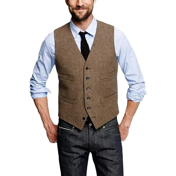 Slim Fit V-neck Men's Suit Vest Business Groomsmen Suit Vest with Herringbone Steampunk Waistcoat and Woolen Splicing Vest - Image 2