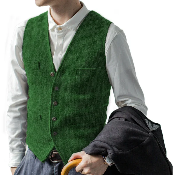 Brown Herringbone Wool Tweed Business Waistcoat Steampunk Men's Plus Size Suit Vest with Lapel Collar for Groomsmen's Wedding - Image 5